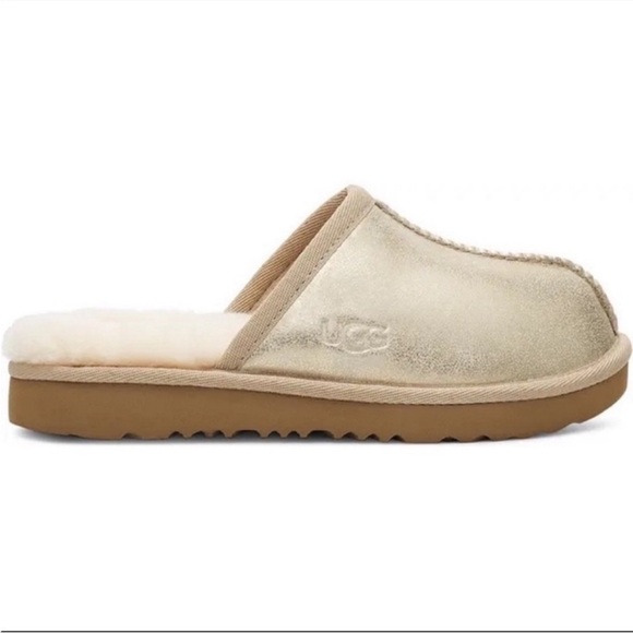 UGG Kids Keegan Metallic Slipper Gold Shimmer Faux Fur Lined Slip-On Shoes NWT - Picture 6 of 14